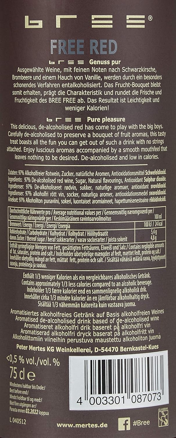 Alcohol-Free Red Wine BREE FREE by Peter Mertes - Germany - Back Label / Безалкохолно червено вино BREE FREE от Peter Mertes - Германия - Заден етикет